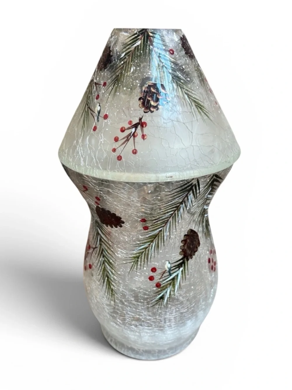 Yankee Candle Crackle Glass Hurricane and Topper Pinecone Holiday 11”H